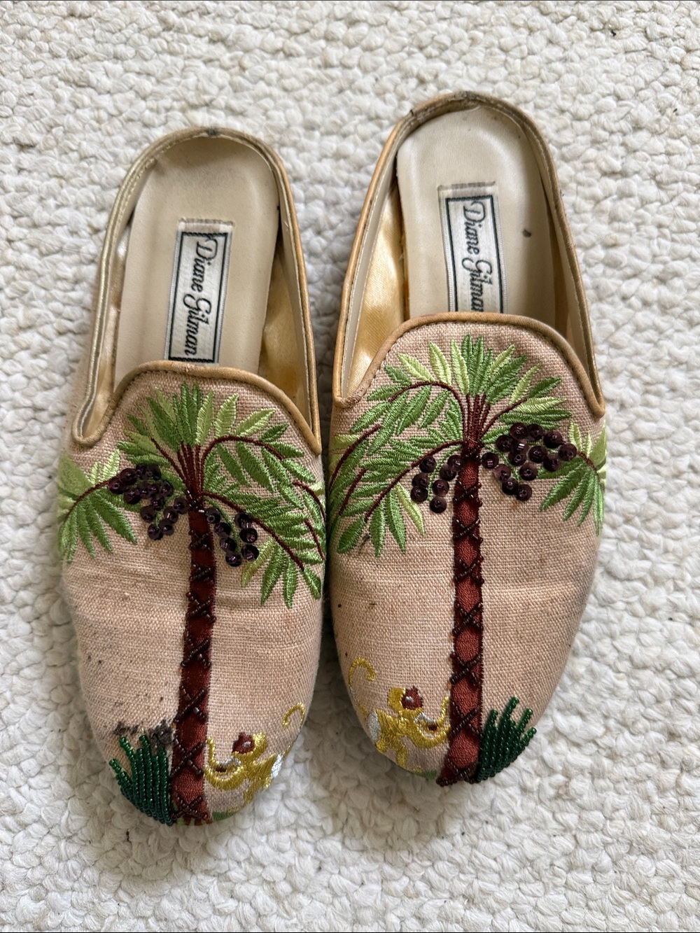 Diane Gilman Palm Tree Embroidered Slip-On Mules in Beige and Green